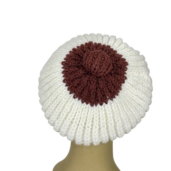 Vintage 70s Crochet Knit Beret w/ Pom Cream Maroon European Handmade Beatnik - Picture 6 of 9